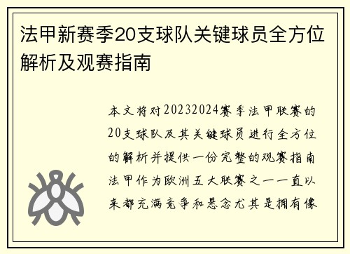 法甲新赛季20支球队关键球员全方位解析及观赛指南