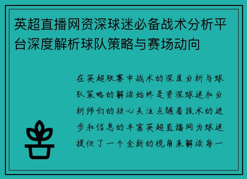 英超直播网资深球迷必备战术分析平台深度解析球队策略与赛场动向