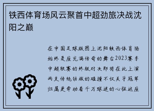 铁西体育场风云聚首中超劲旅决战沈阳之巅