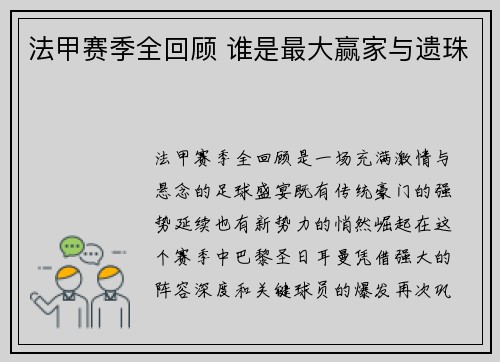 法甲赛季全回顾 谁是最大赢家与遗珠